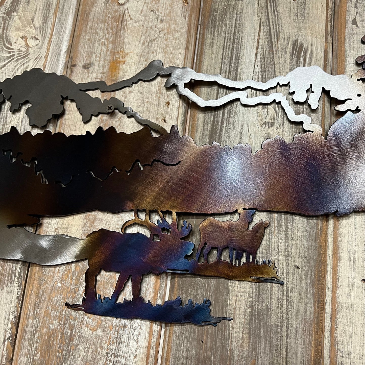 Metal Elk Mountain Scene Wall Art: Heat-Colored Cabin Lodge Decor