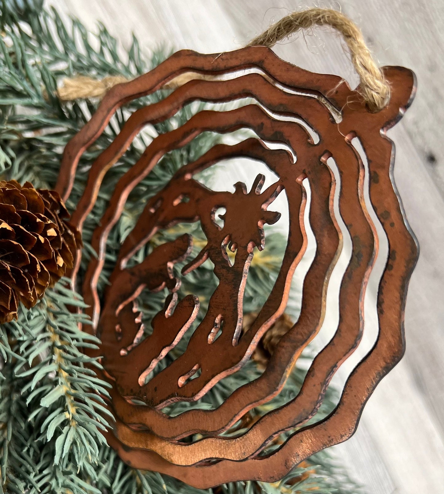 Rustic Copper Patina Metal 3D Nativity Ornament - Cabin Christmas Decor