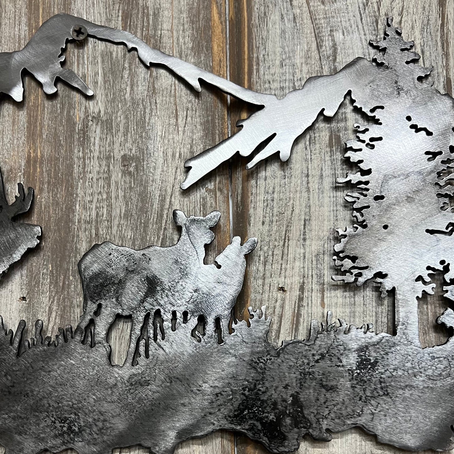 Metal Elk Mountain Scene: Cabin Lodge Wall Art