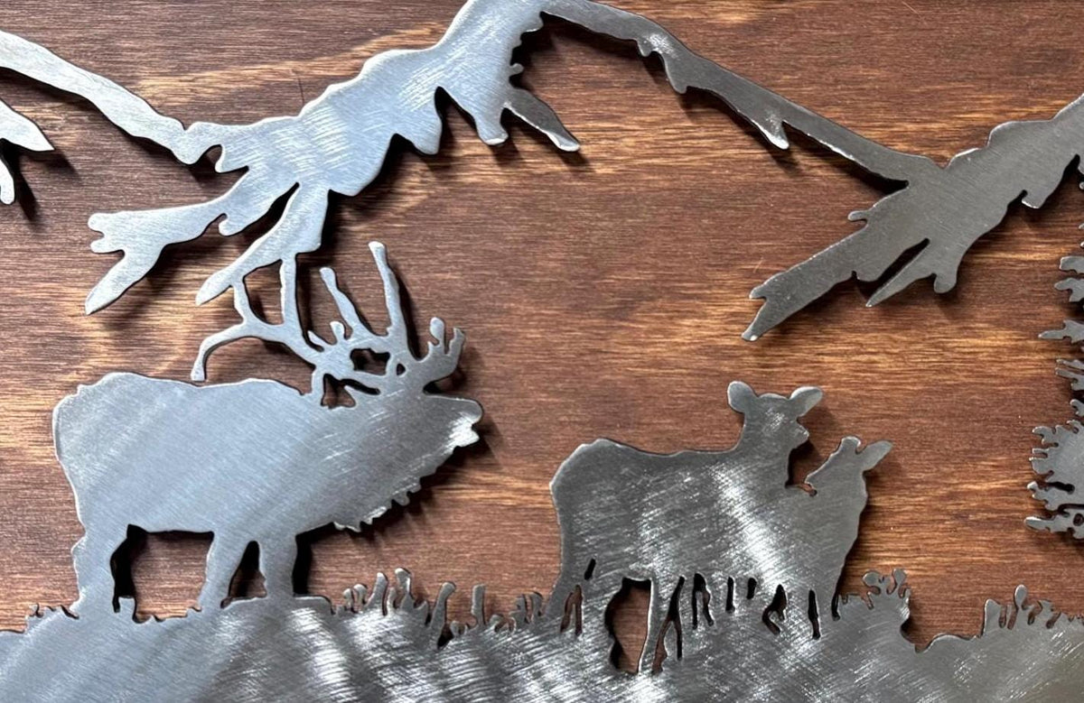 Metal and Wood Elk Scene: Rustic Mountain Wall Art