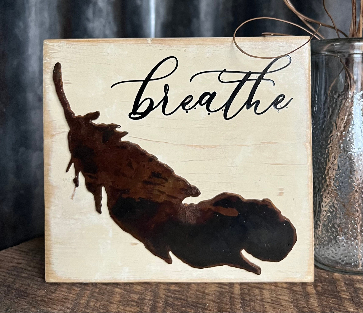 Breathe Wood Sign: Farmhouse Tiered Tray Decor with Metal Feather