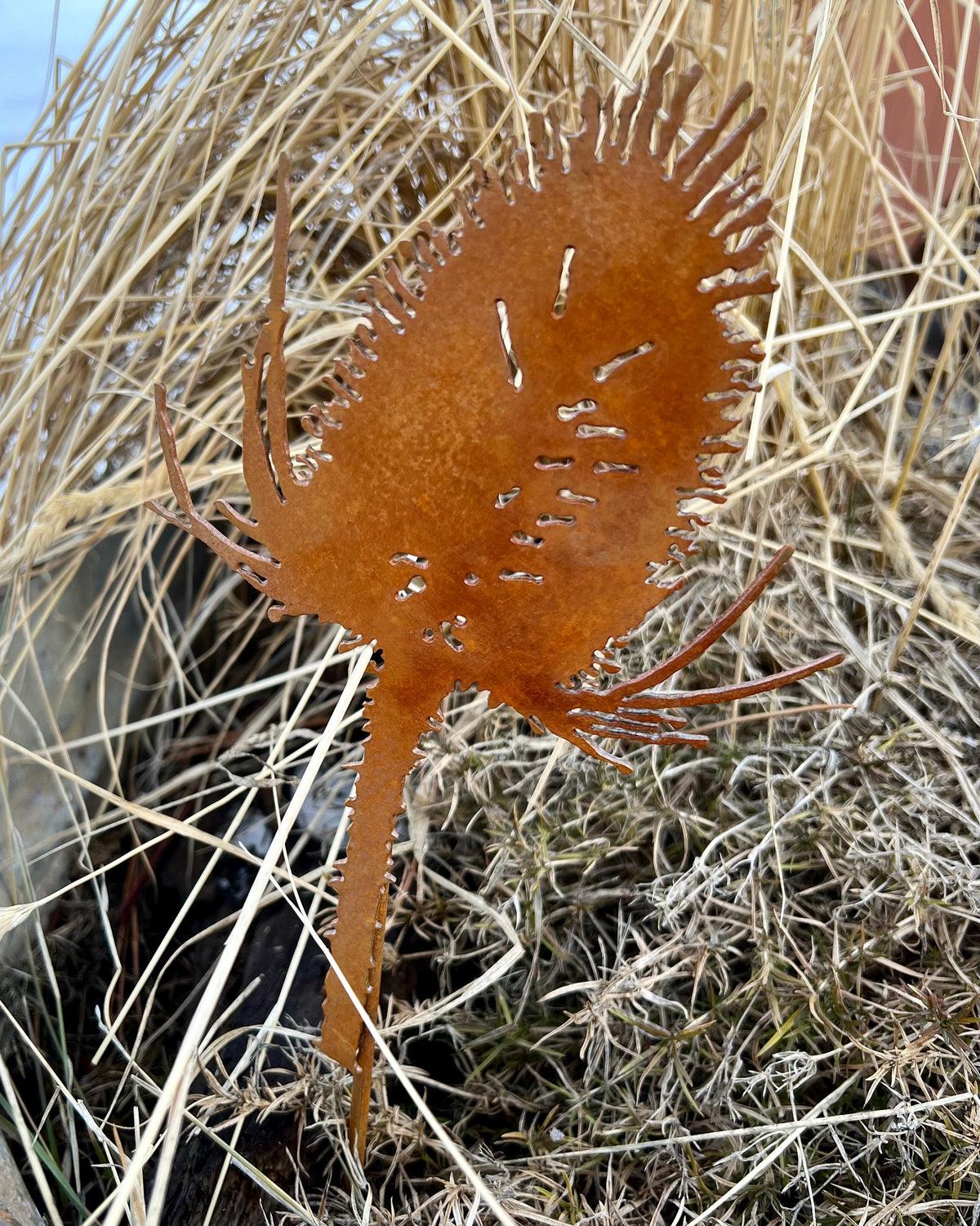 Rusty Thistle Garden Stake: Rustic Metal Garden Art