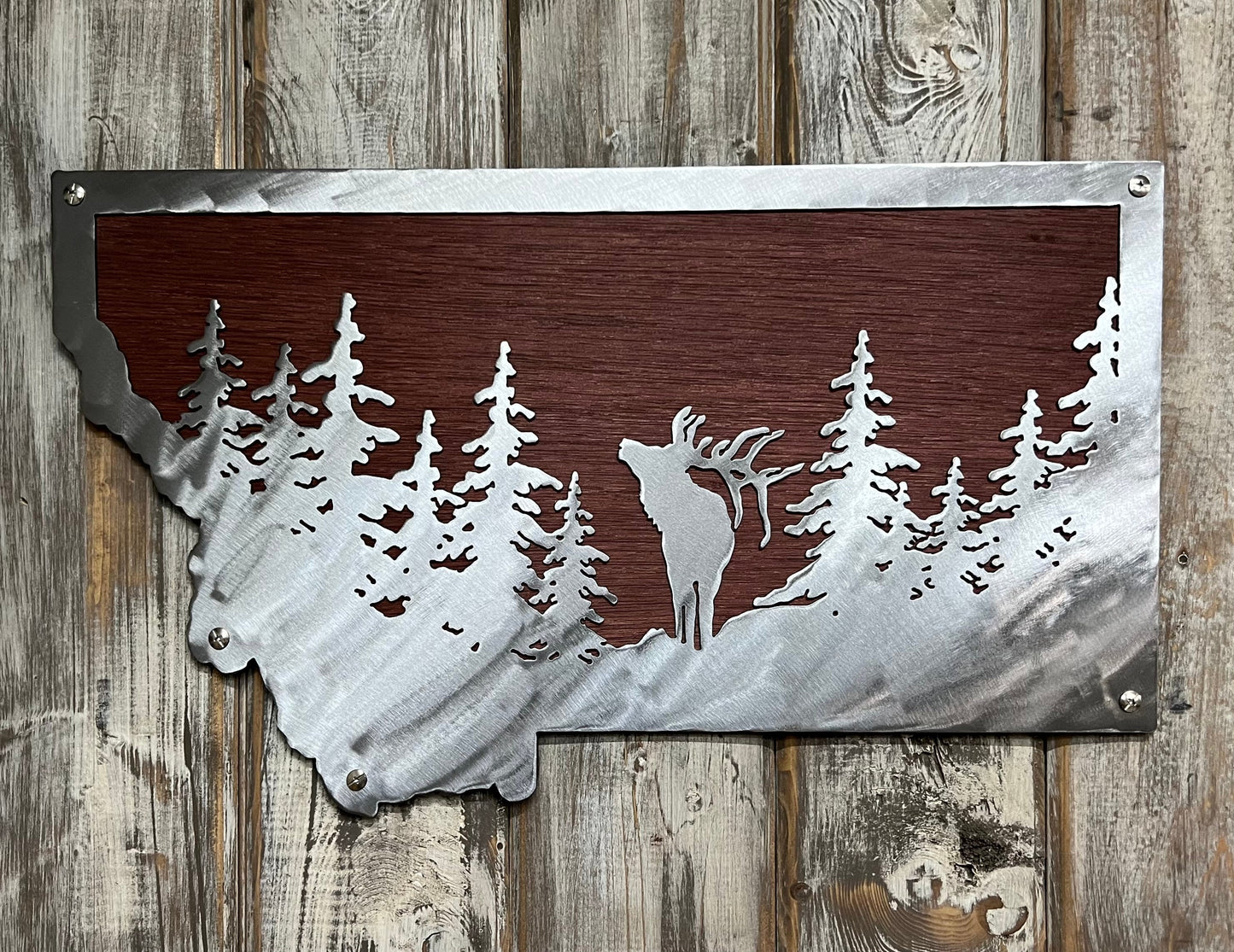 Custom State Metal Art: Elk & Trees, Wildlife Decor