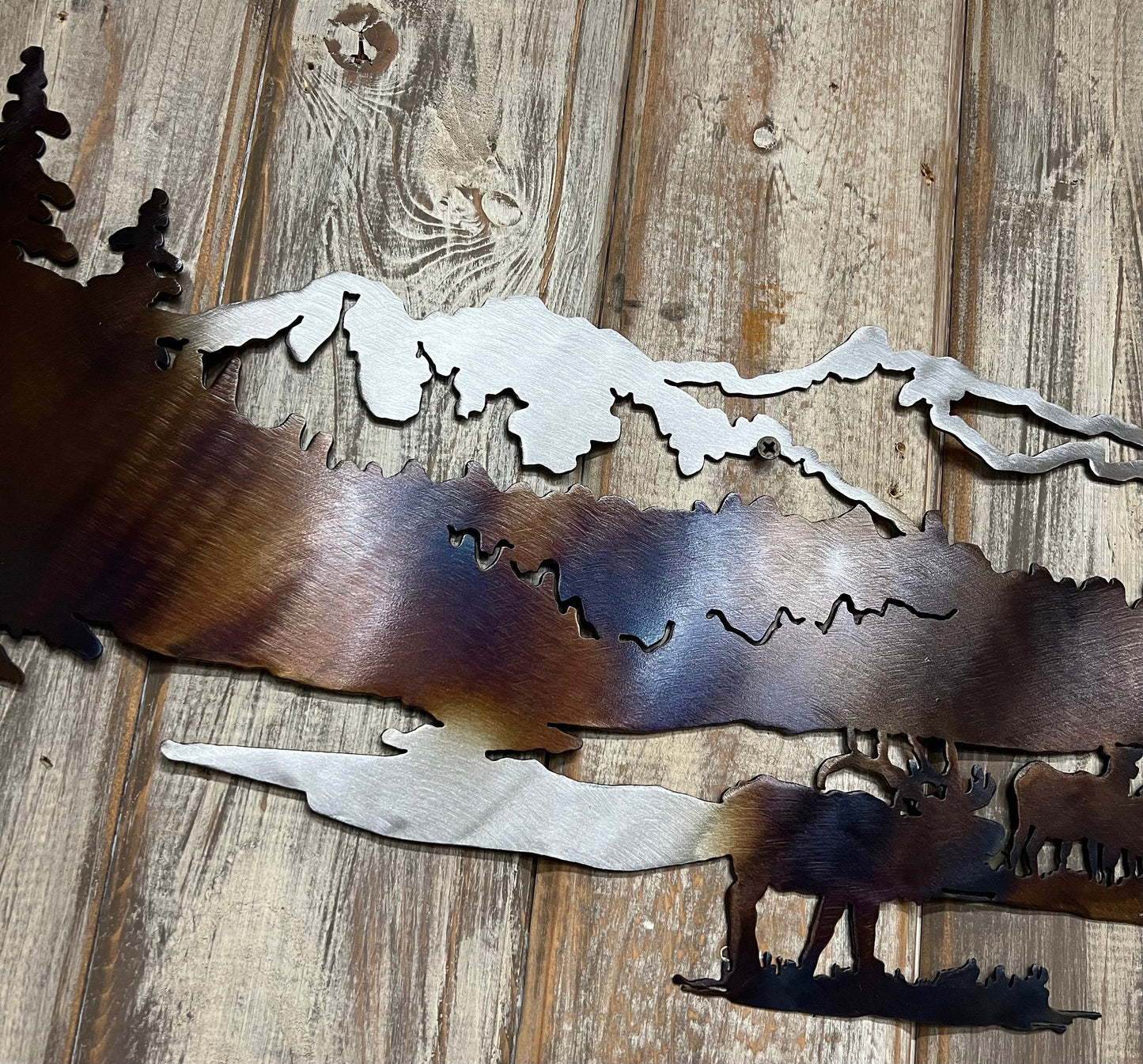 Metal Elk Mountain Scene Wall Art: Heat-Colored Cabin Lodge Decor