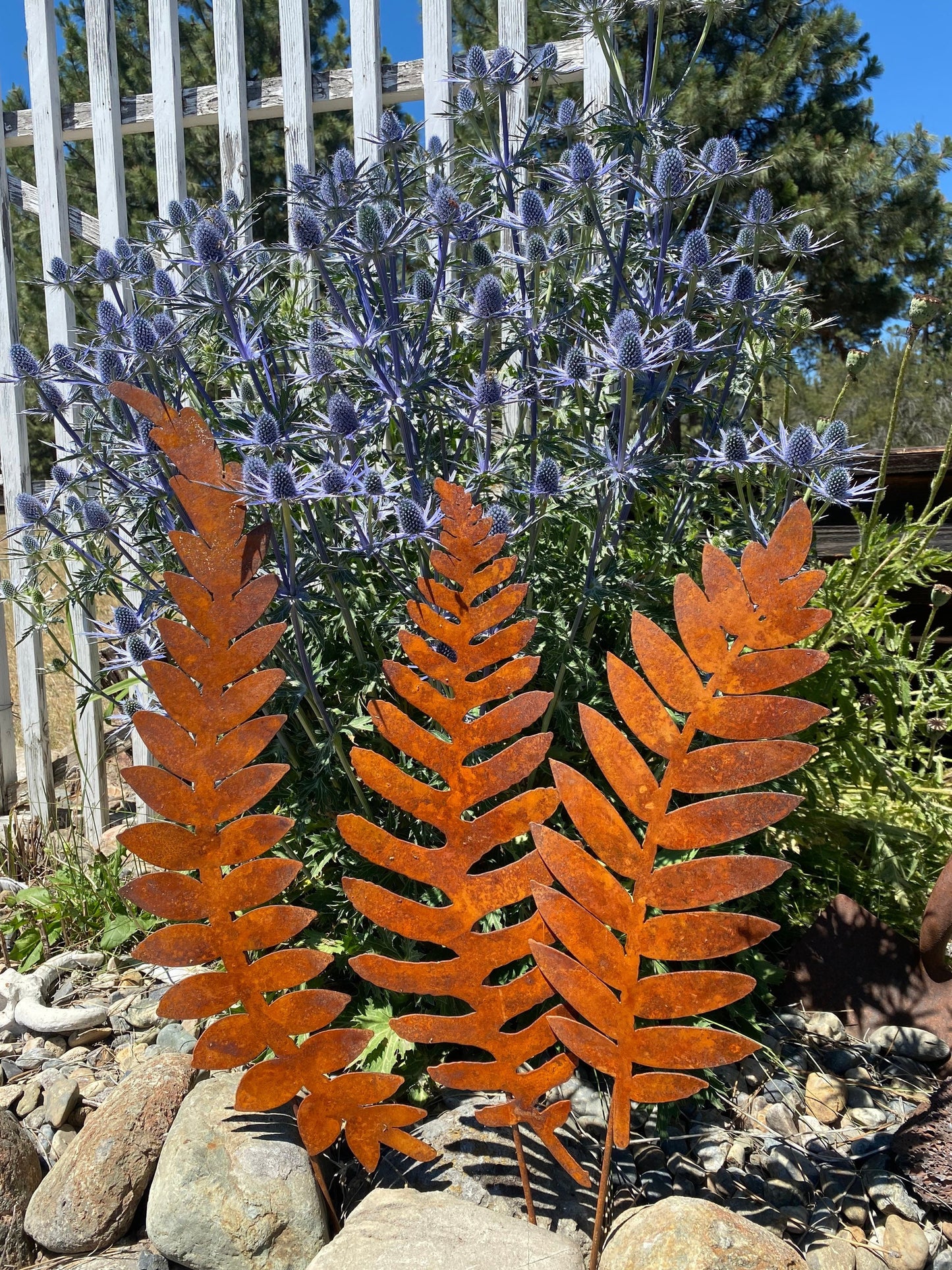 Large Rusty Metal Fern Garden Stakes: Natural Rust Finish