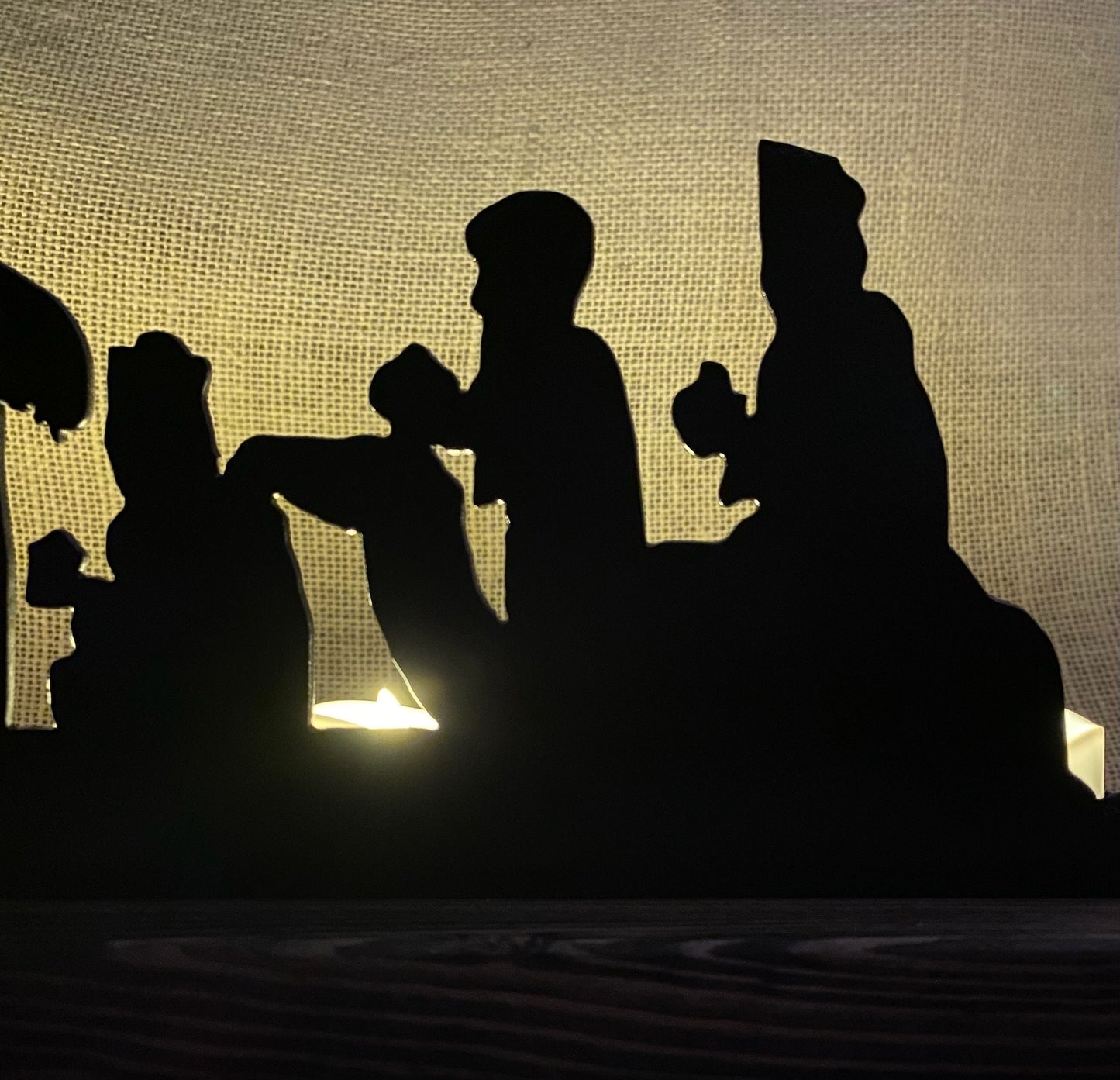Metal Nativity Scene with Ebony Wood Base & LED Candles