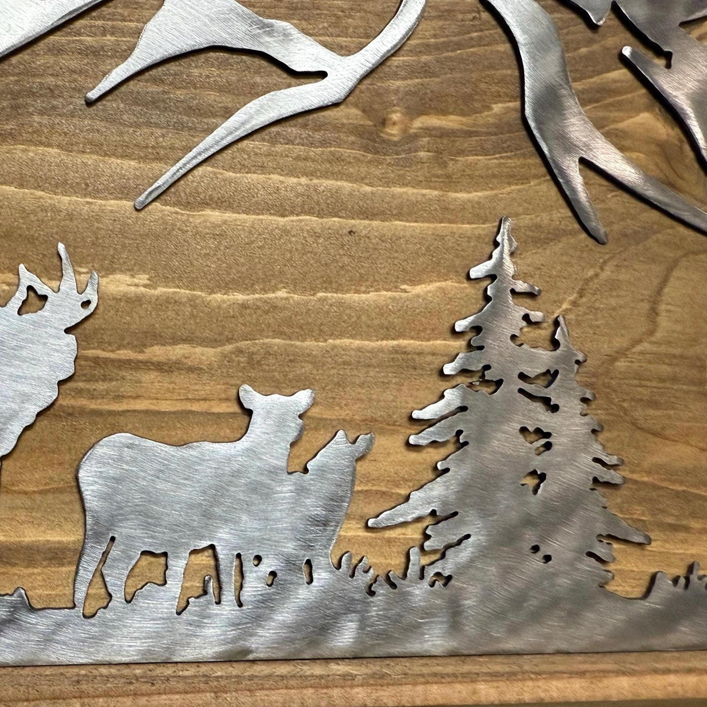 Elk & Mule Deer Mountain Scene: Polished Metal Cabin Decor
