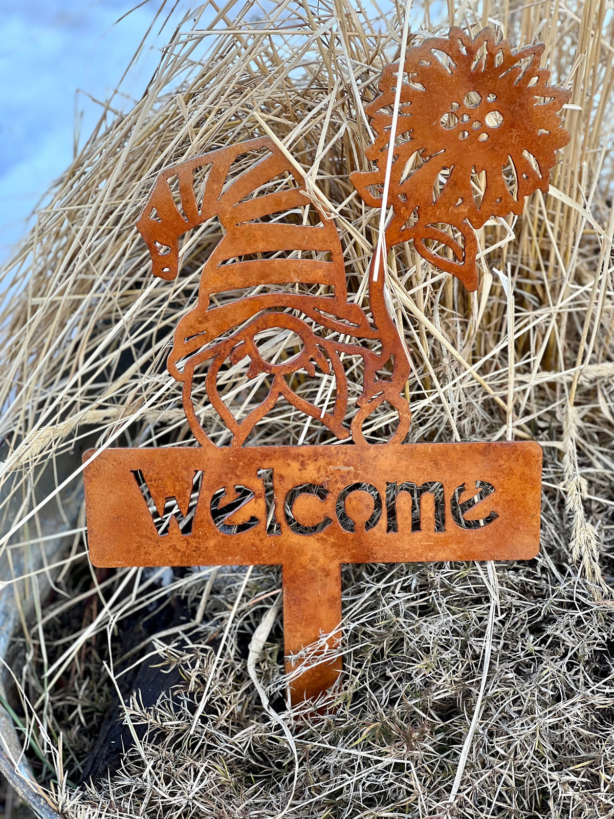 Sunflower Gnome Welcome Stake: Rustic Metal Garden Art