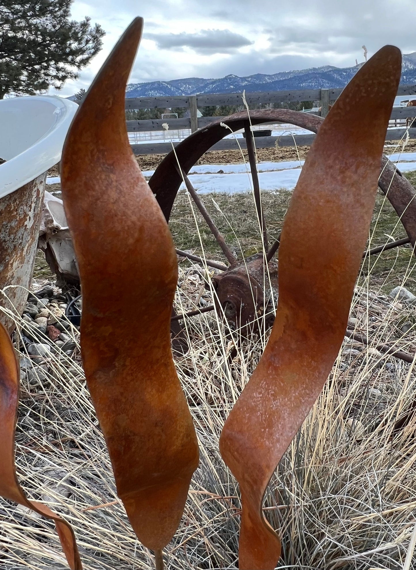 Wavy Rusty Garden Stakes: Rustic Metal Garden Art