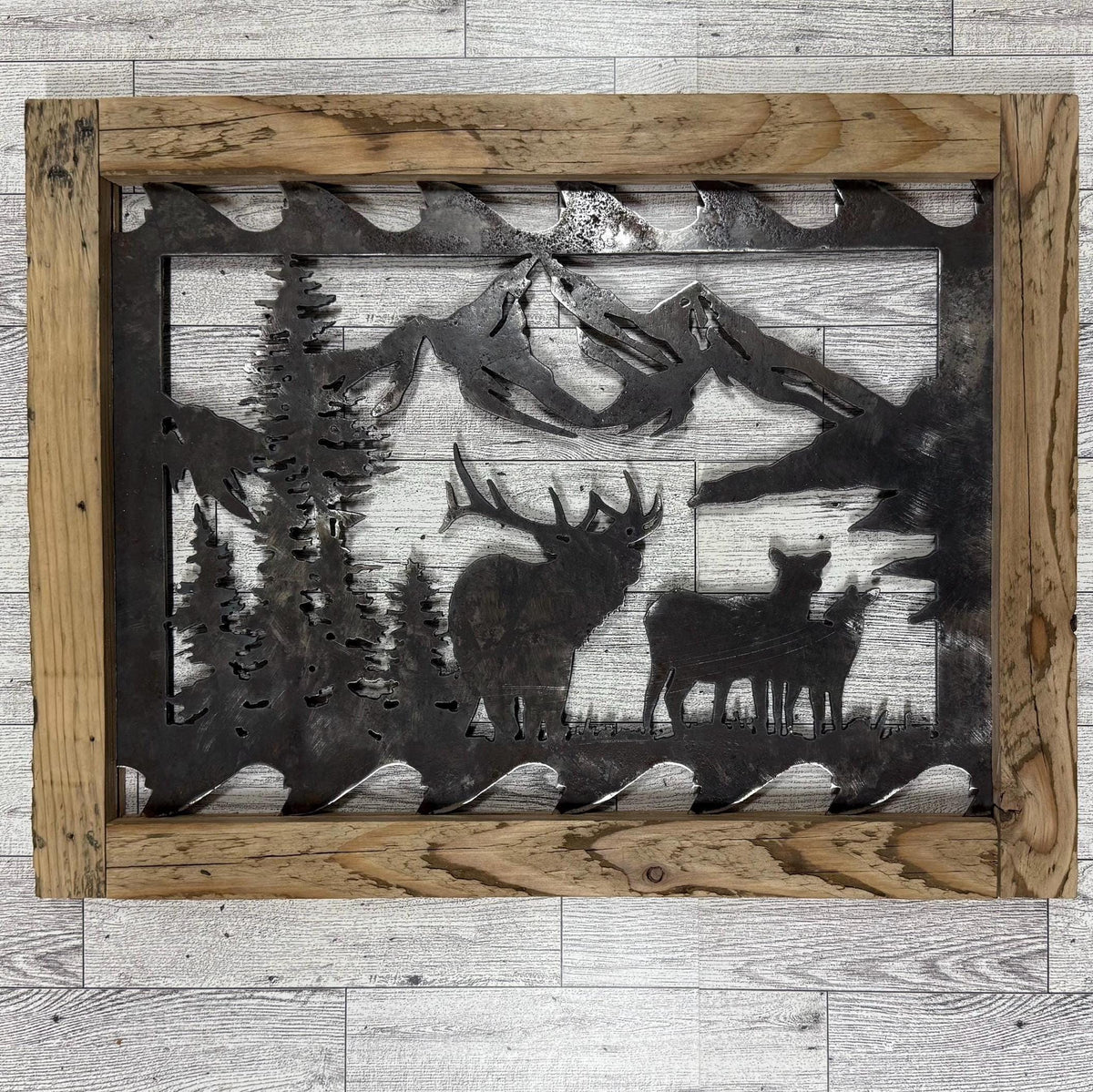 Elk & Mountain Scene Saw Blade Art: Rustic Lodge Cabin Decor