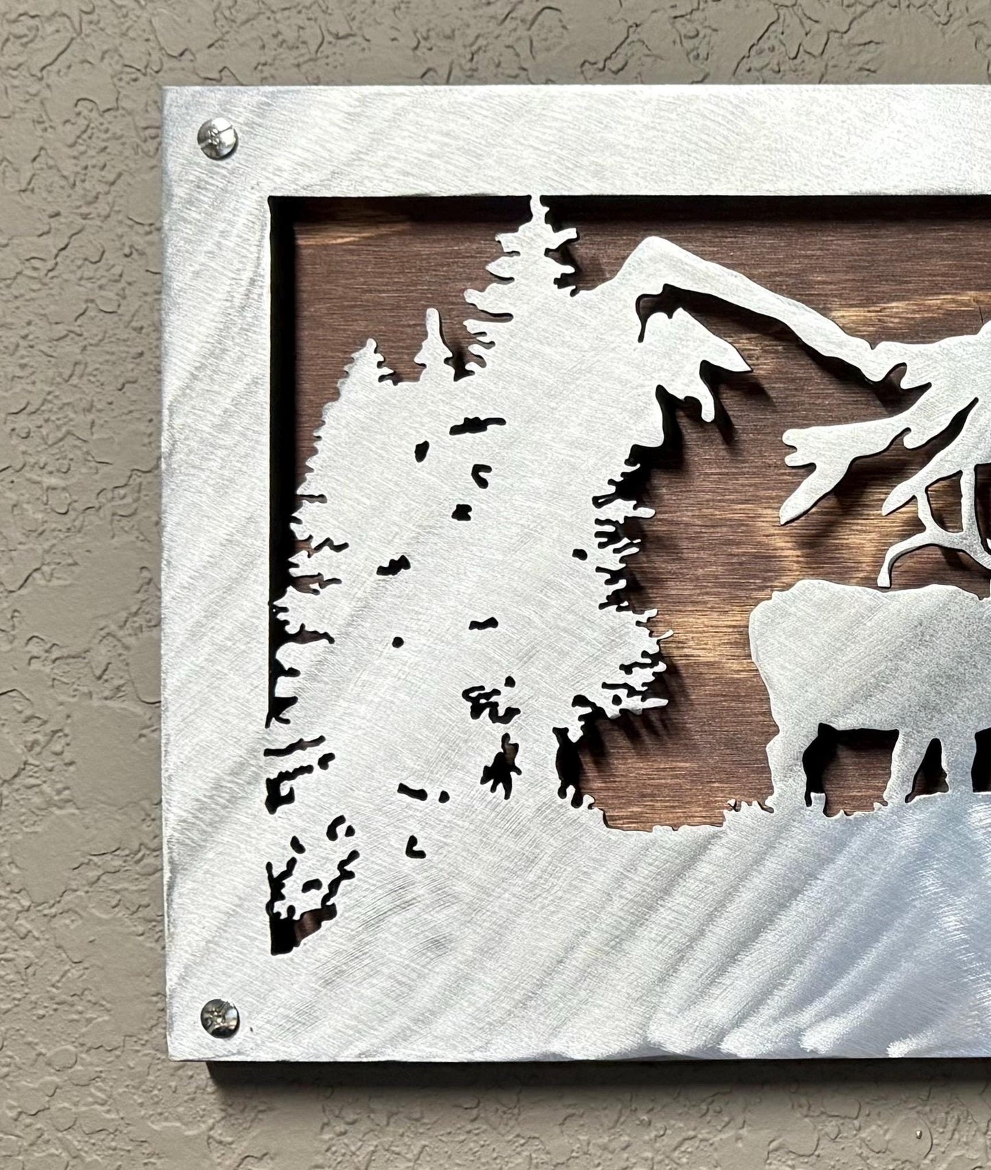 Metal and Wood Elk Scene: Rustic Mountain Wall Art