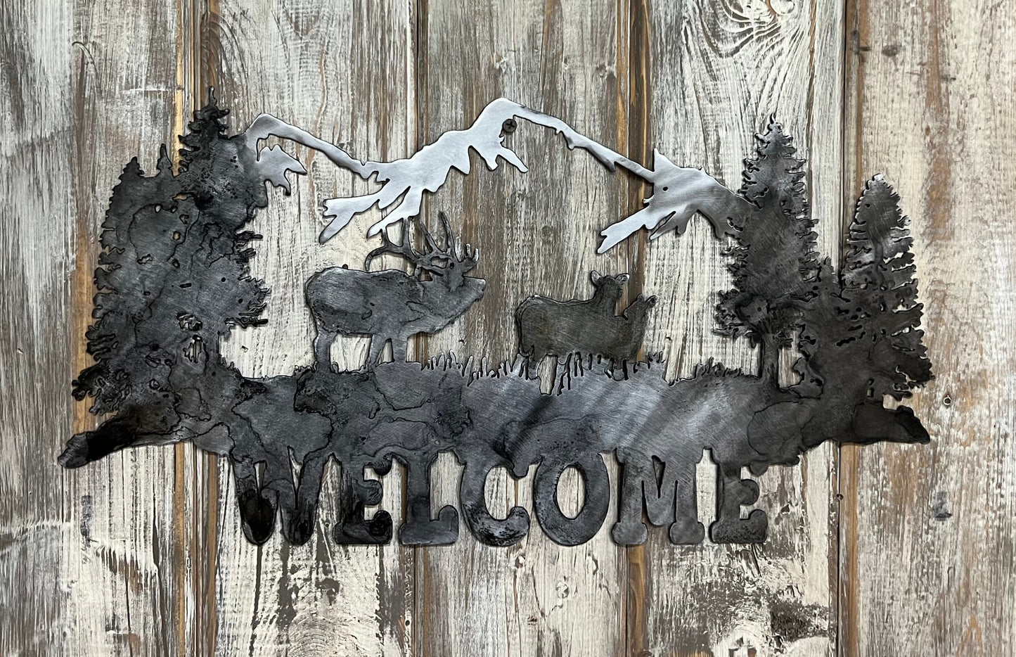 Metal Mountain Scene Welcome Sign: Elk Cabin Decor