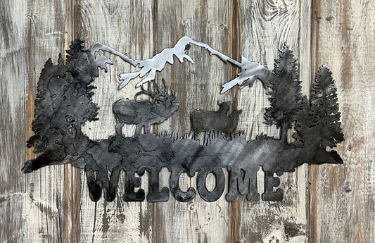 Metal Mountain Scene Welcome Sign: Elk Cabin Decor