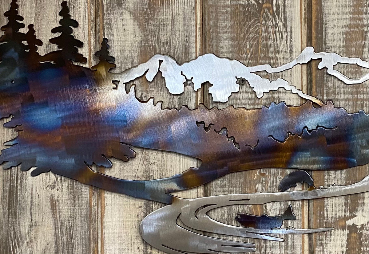 Heat-Treated Metal Mountain Scene Wall Art: Cabin Lodge Decor