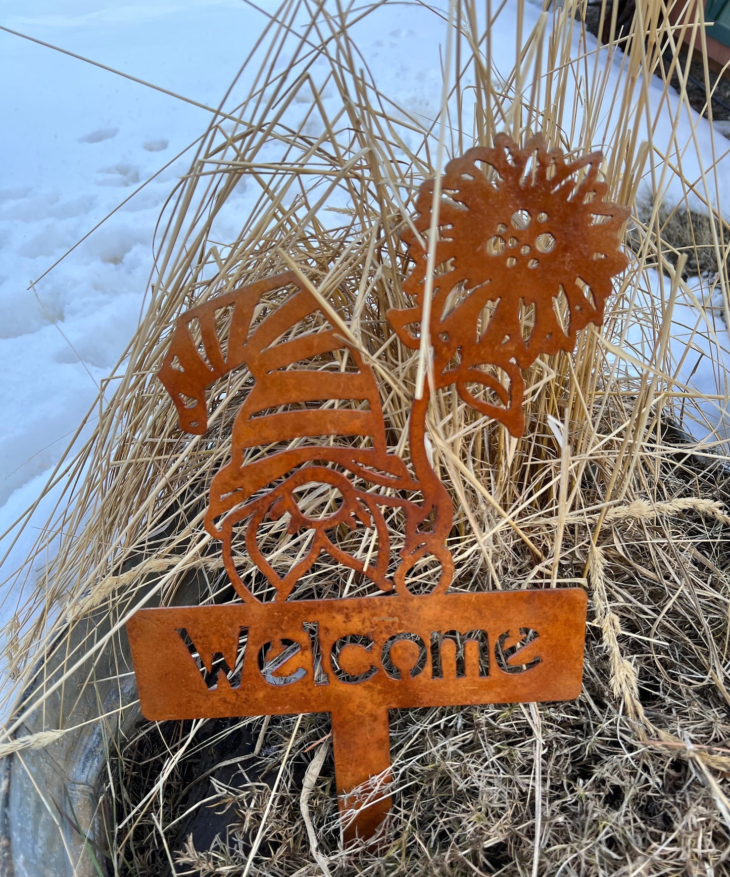 Sunflower Gnome Welcome Stake: Rustic Metal Garden Art