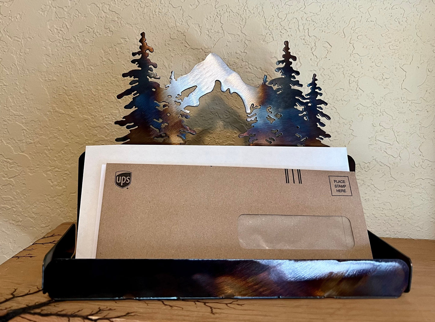 Metal Mountain Scene Mail Organizer: Cabin Decor Bill Sorter