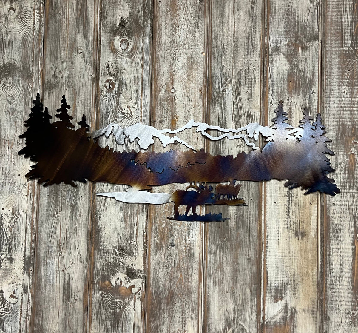 Metal Elk Mountain Scene Wall Art: Heat-Colored Cabin Lodge Decor