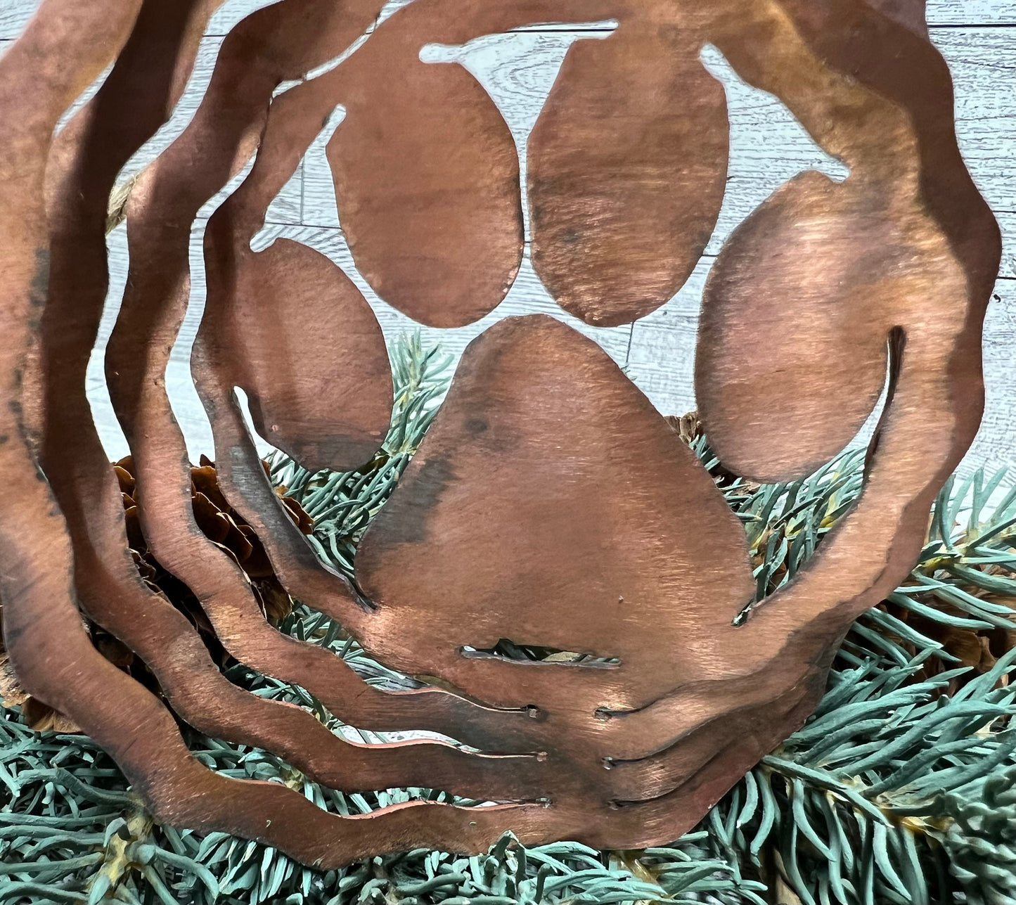 Rustic Copper Patina Metal 3-D Paw Print Ornament: Cabin Decor