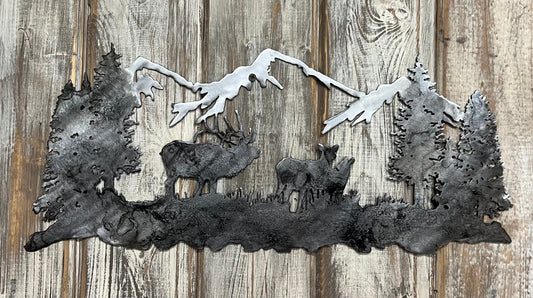Metal Elk Mountain Scene: Cabin Lodge Wall Art