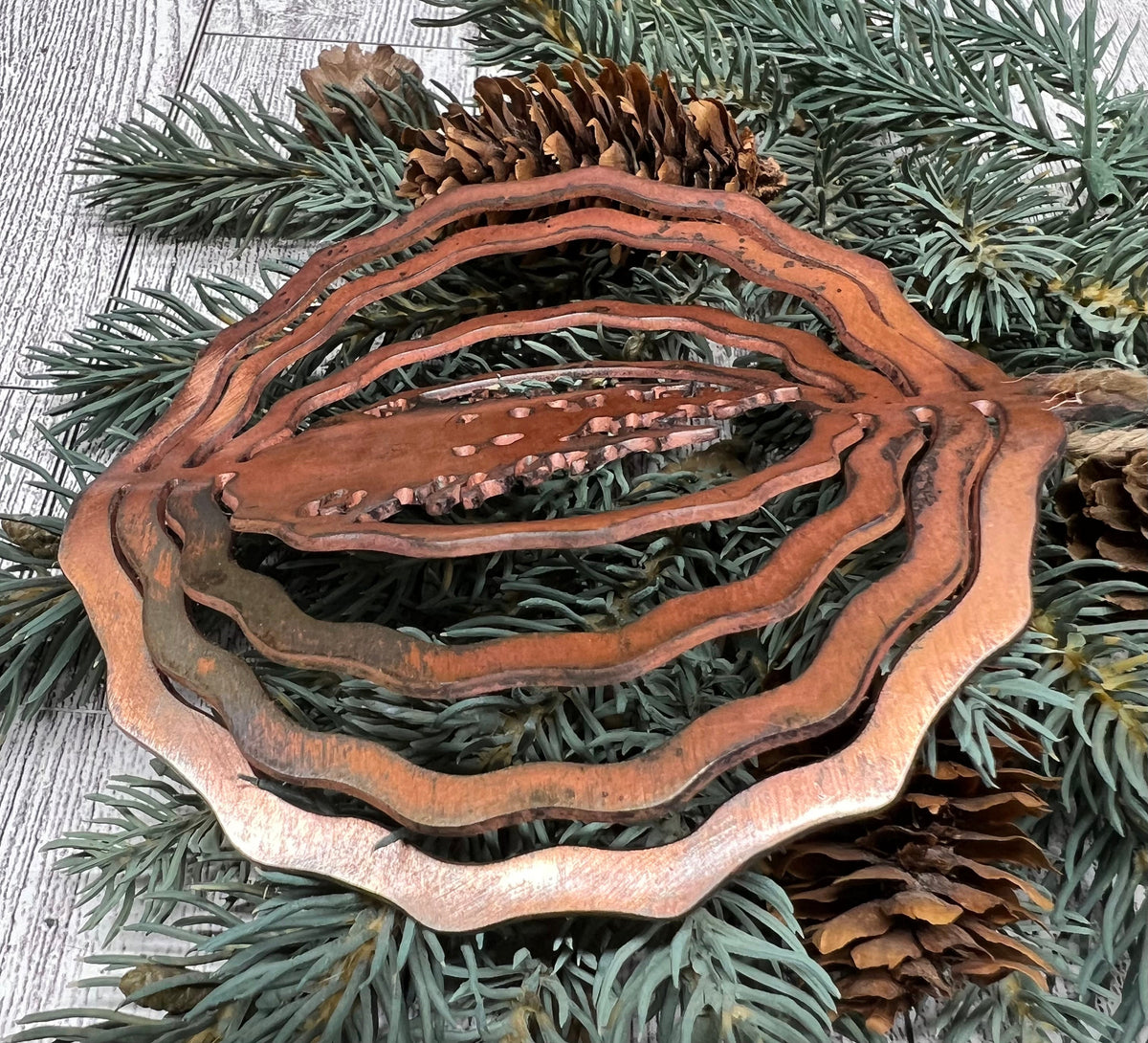 Rustic Copper Patina Metal Tree Ornament: Cabin Decor