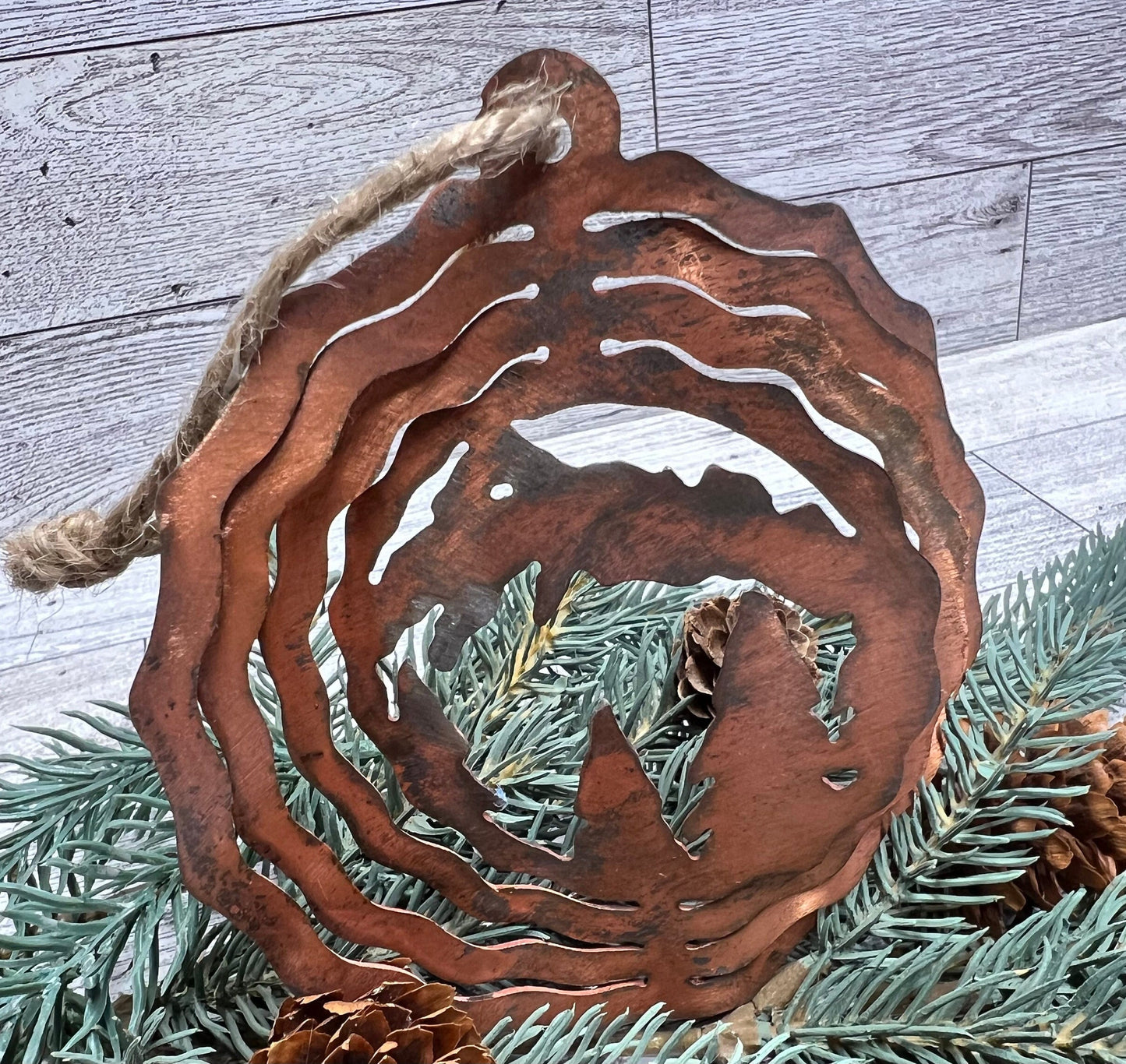 Rustic Copper Patina Metal Mountain & Trees Ornament - Cabin Decor