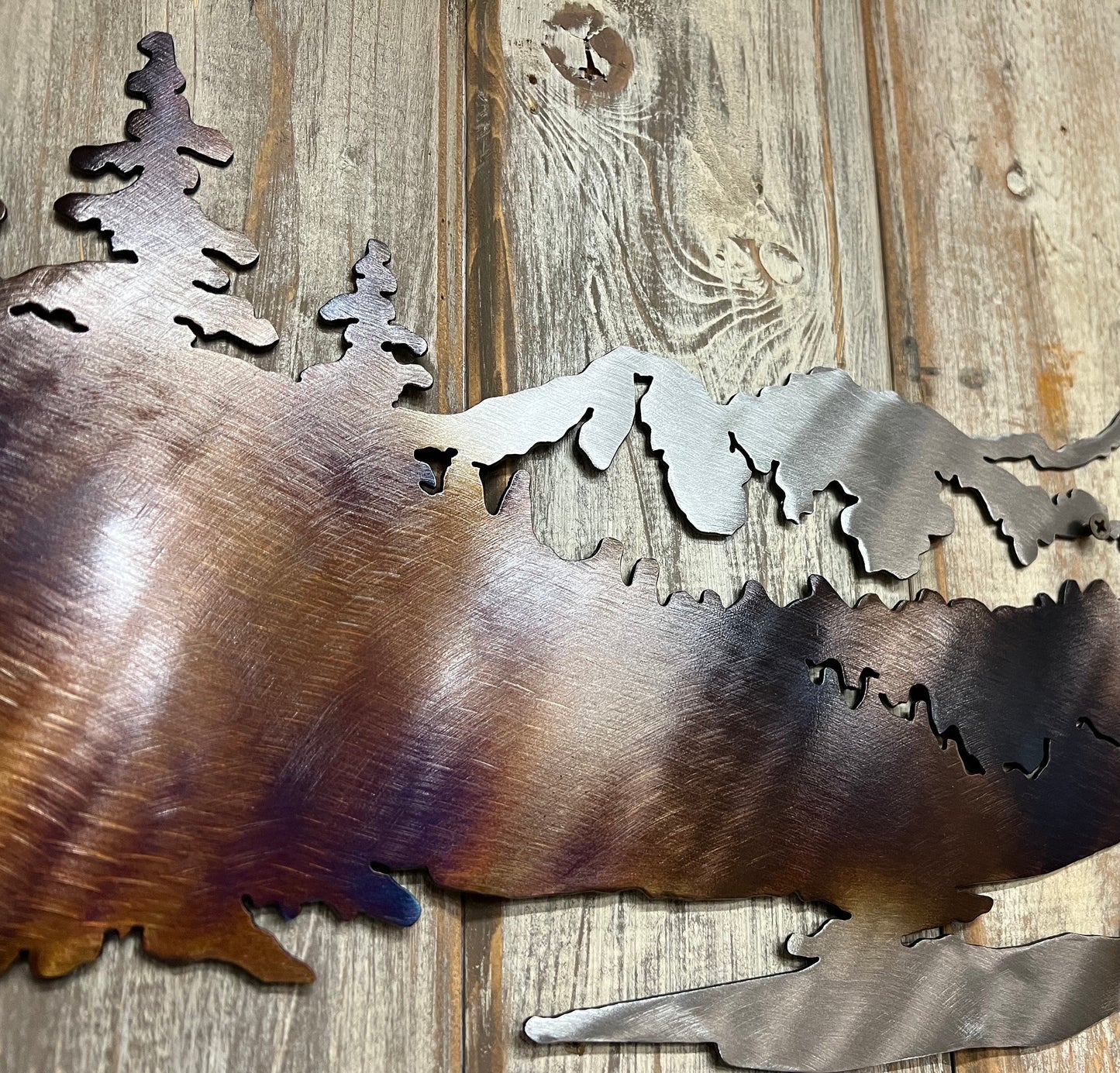 Metal Elk Mountain Scene Wall Art: Heat-Colored Cabin Lodge Decor