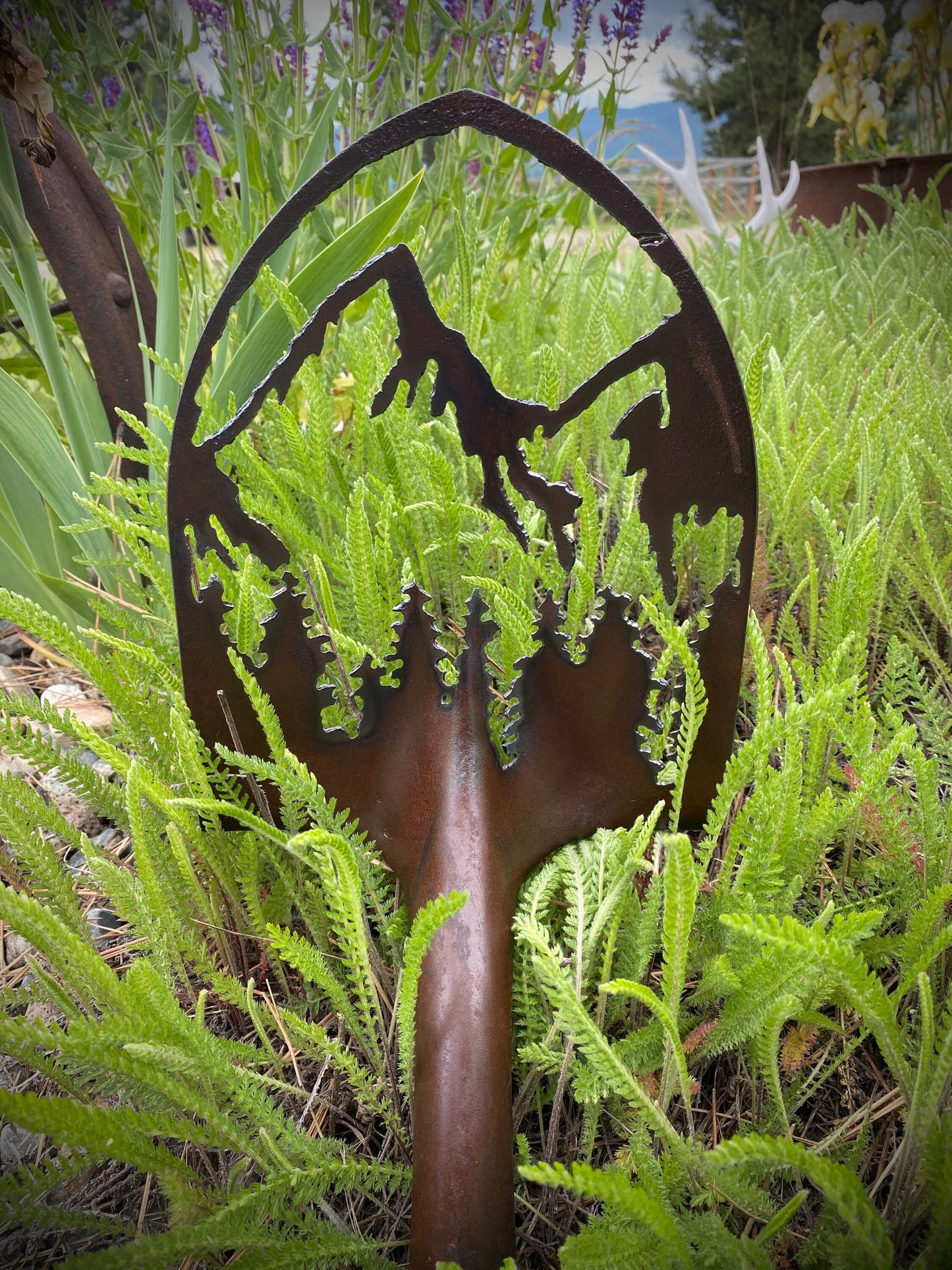 Rusty Shovel Mountain Scene: Repurposed Garden Art