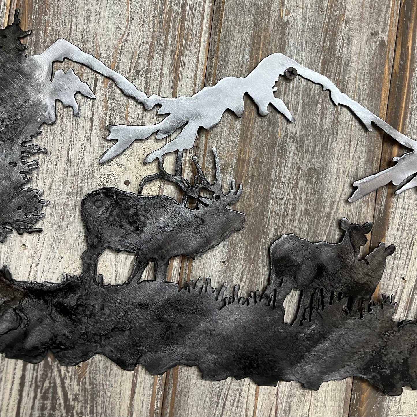 Metal Elk Mountain Scene: Cabin Lodge Wall Art