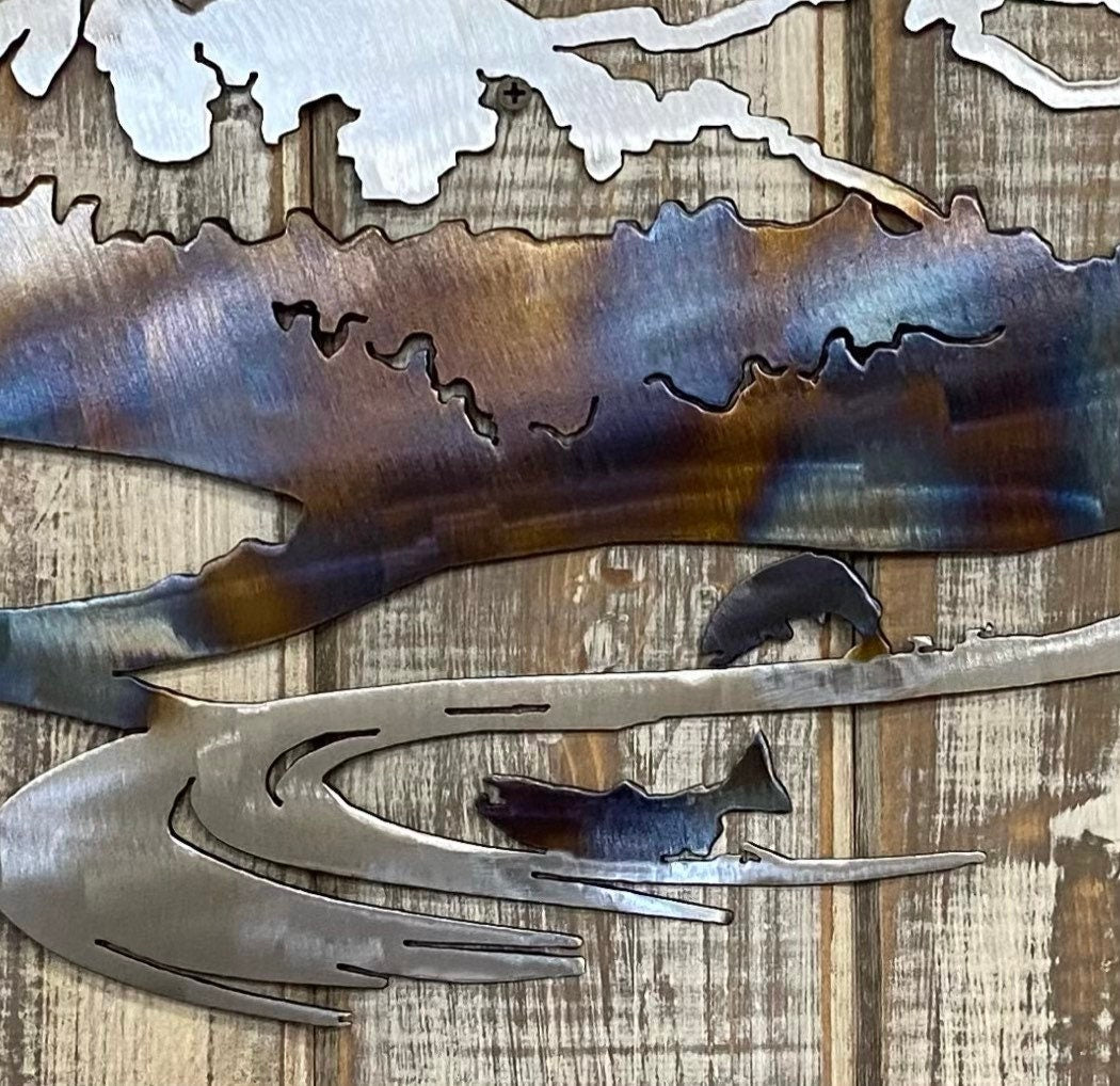 Heat-Treated Metal Mountain Scene Wall Art: Cabin Lodge Decor