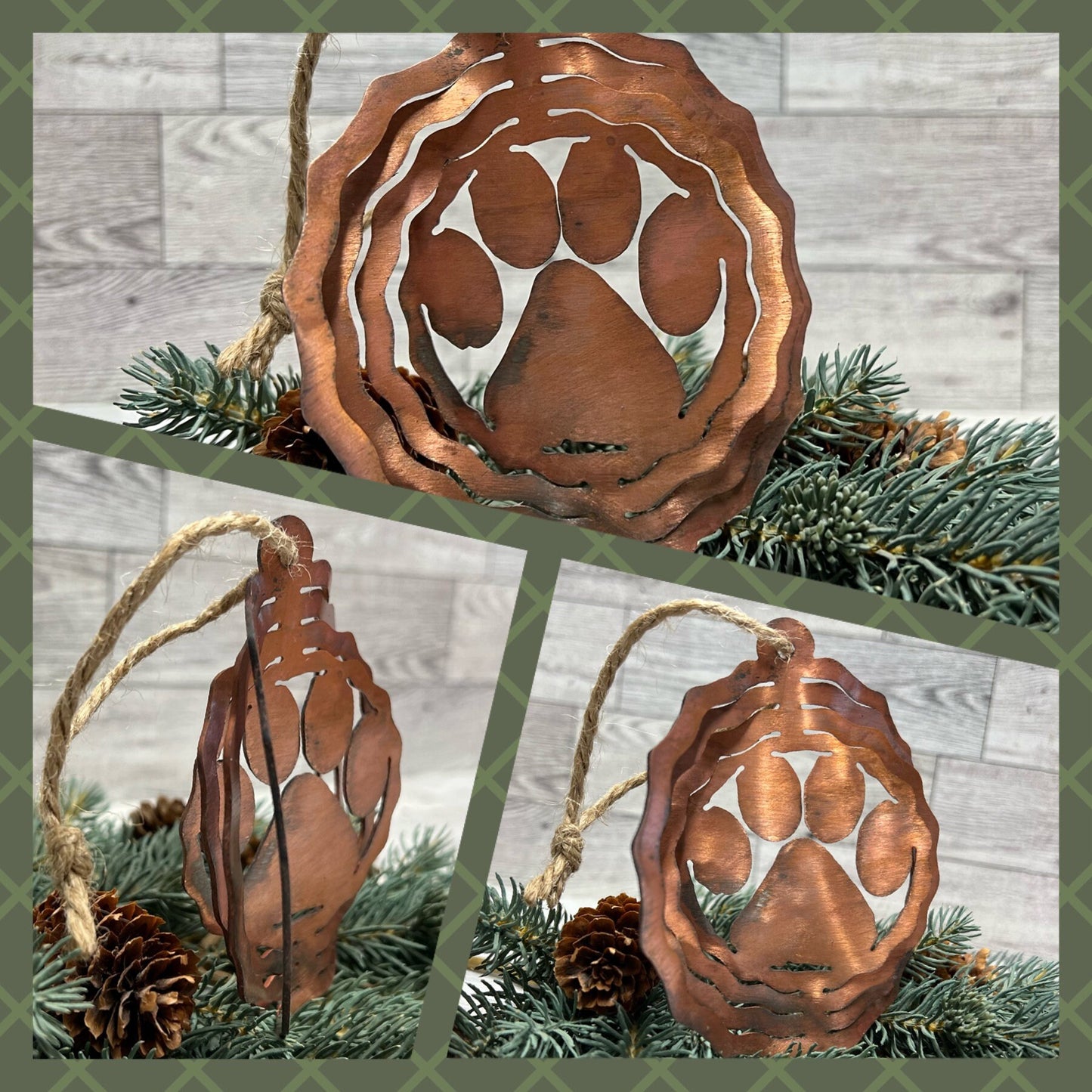 Rustic Copper Patina Metal 3-D Paw Print Ornament: Cabin Decor