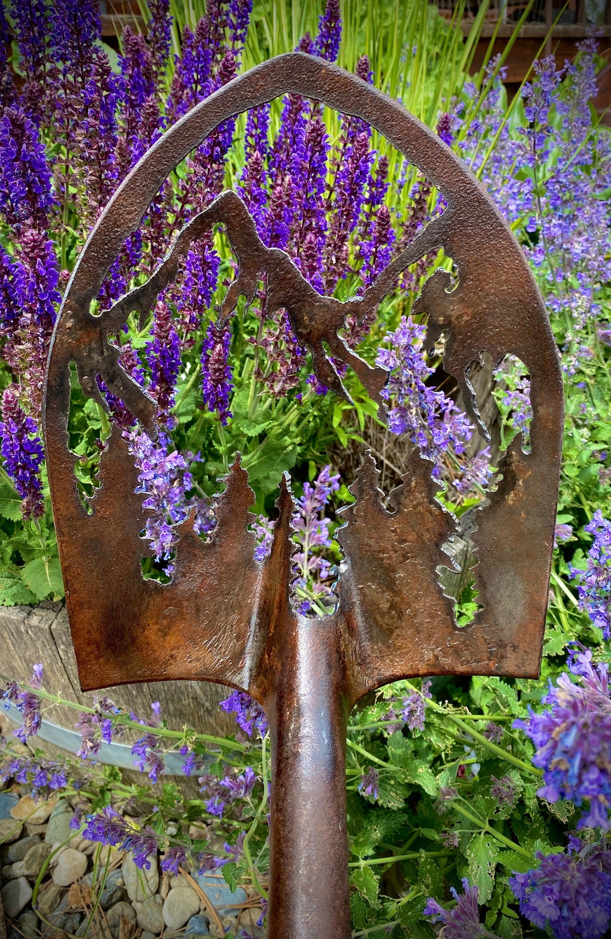 Rusty Shovel Mountain Scene: Repurposed Garden Art