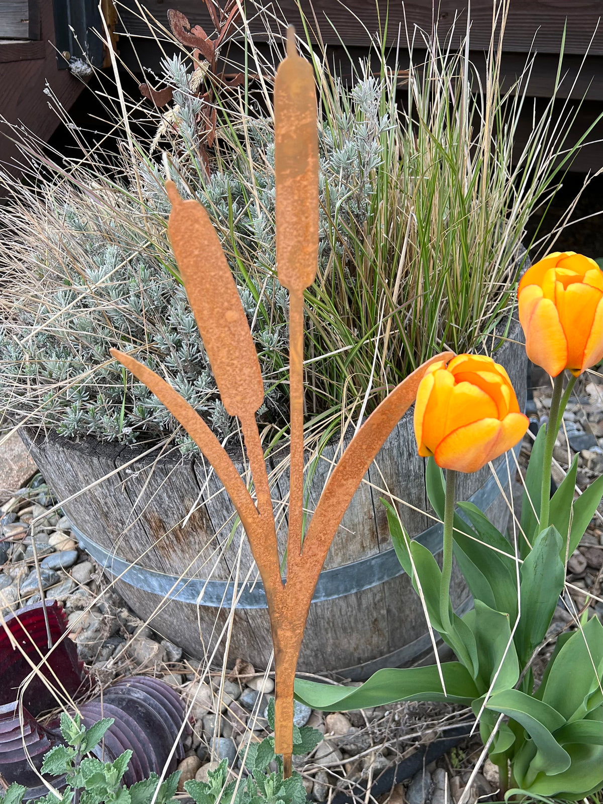 Rusty Metal Cattail Garden Stakes: Natural Rust Finish