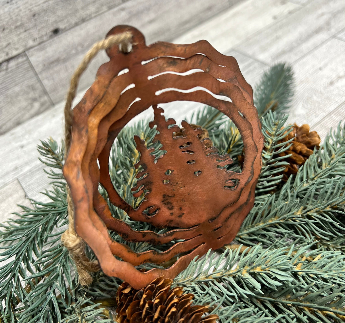 Rustic Copper Patina Metal Tree Ornament: Cabin Decor