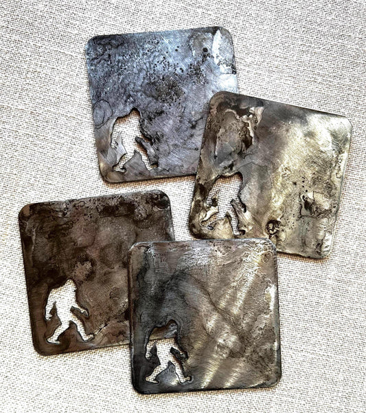 Metal Bigfoot Coasters: Sasquatch Lover Gift, Black Patina Finish