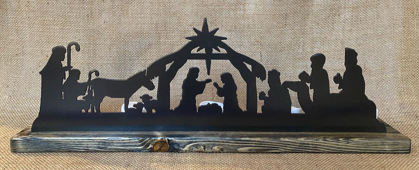Metal Nativity Scene with Ebony Wood Base & LED Candles