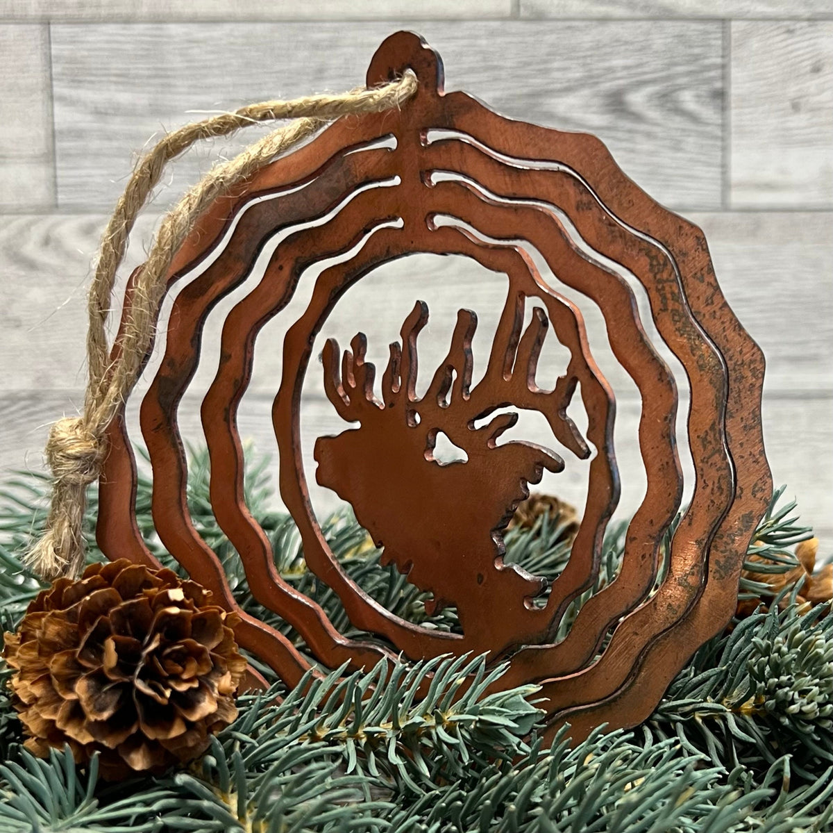 Rustic Copper Patina Metal Elk Ornament: 3-D Cabin Decor