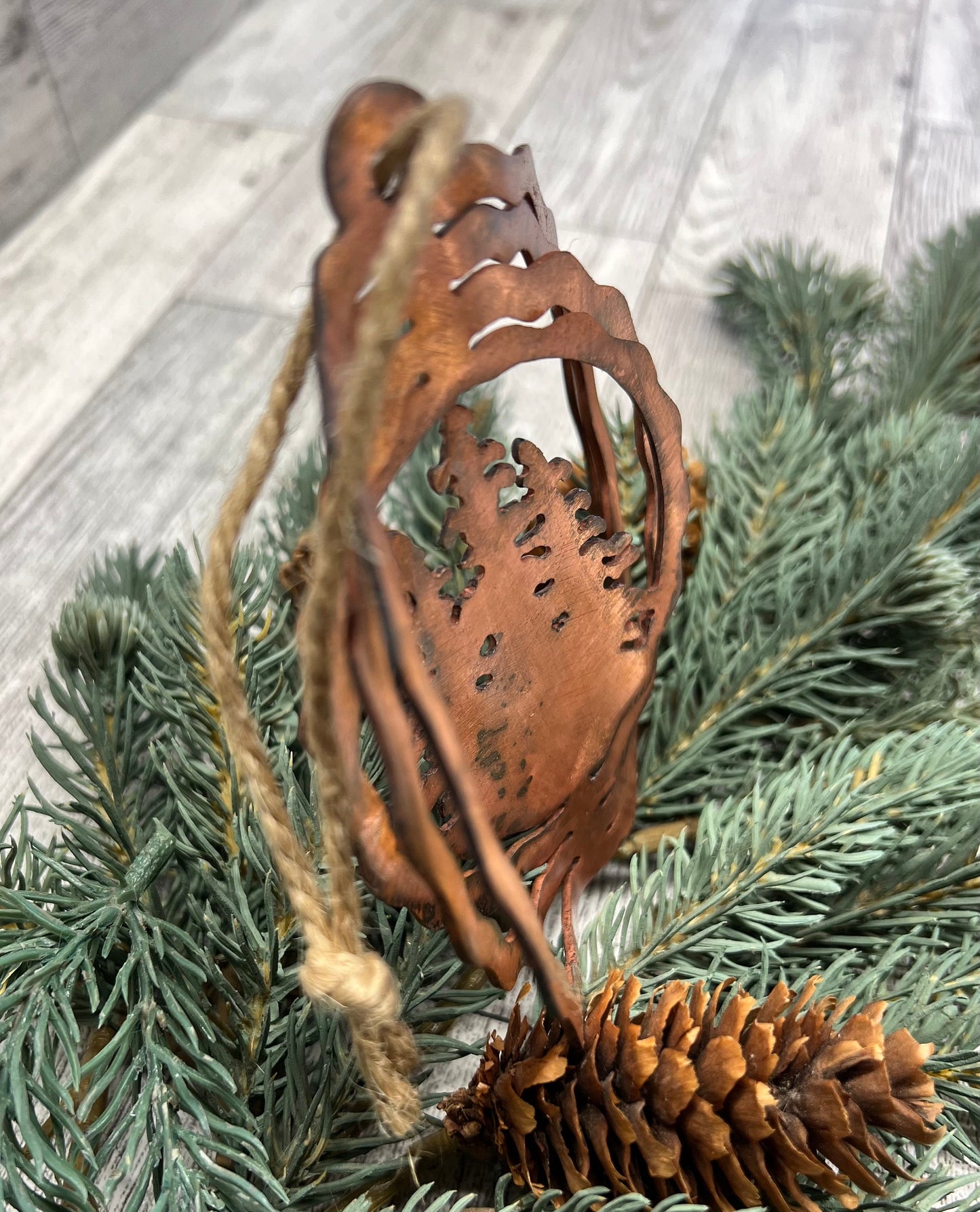 Rustic Copper Patina Metal Tree Ornament: Cabin Decor