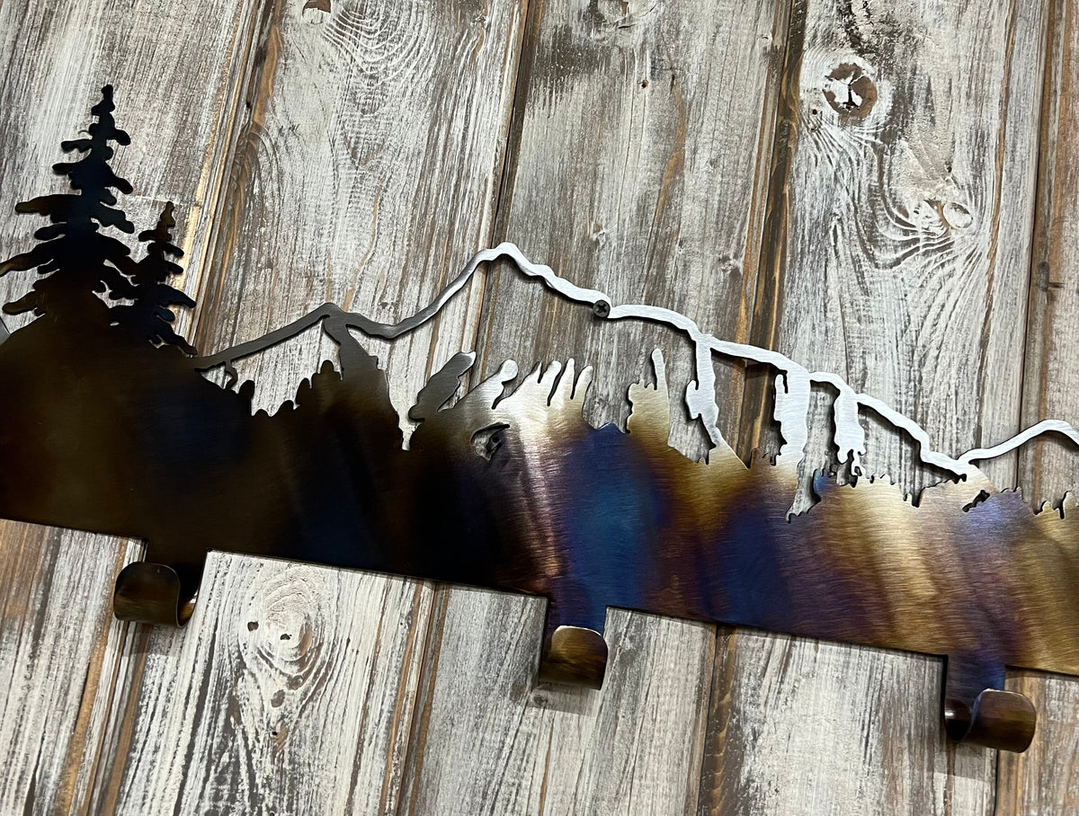 Mountain Towel Hanger: Metal Art Cabin Decor with 5 Hooks