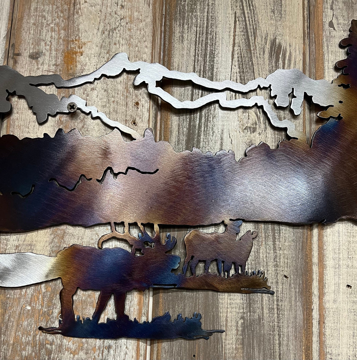 Metal Elk Mountain Scene Wall Art: Heat-Colored Cabin Lodge Decor