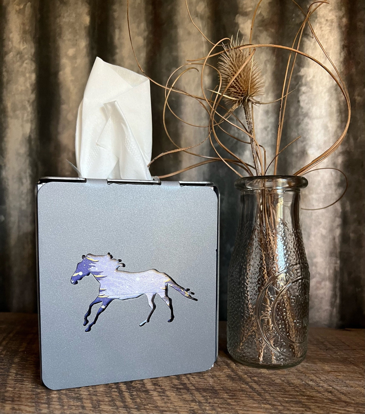 Rustic Steel Tissue Box Cover: Horse, Mountain, or Succulent Design