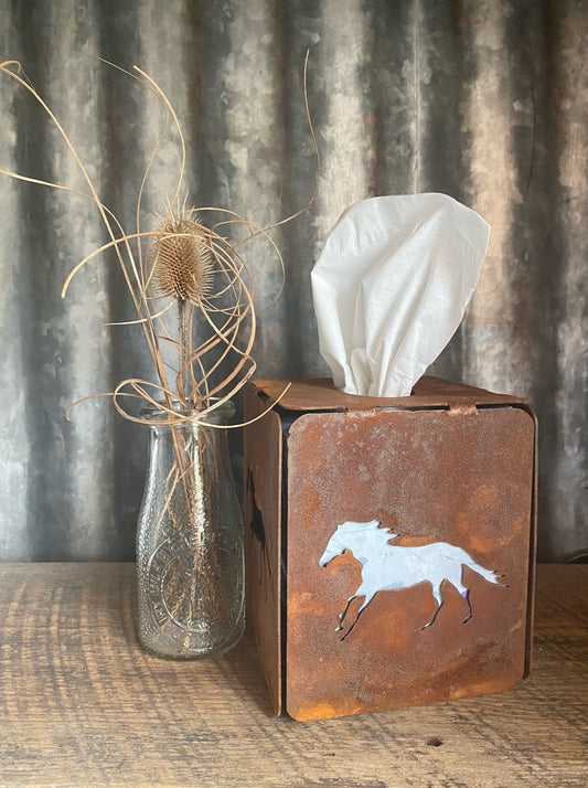 Rustic Steel Tissue Box Cover: Horse, Mountain, or Succulent Design