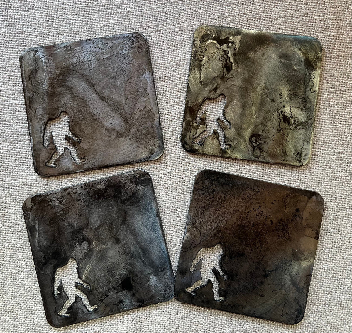 Metal Bigfoot Coasters: Sasquatch Lover Gift, Black Patina Finish