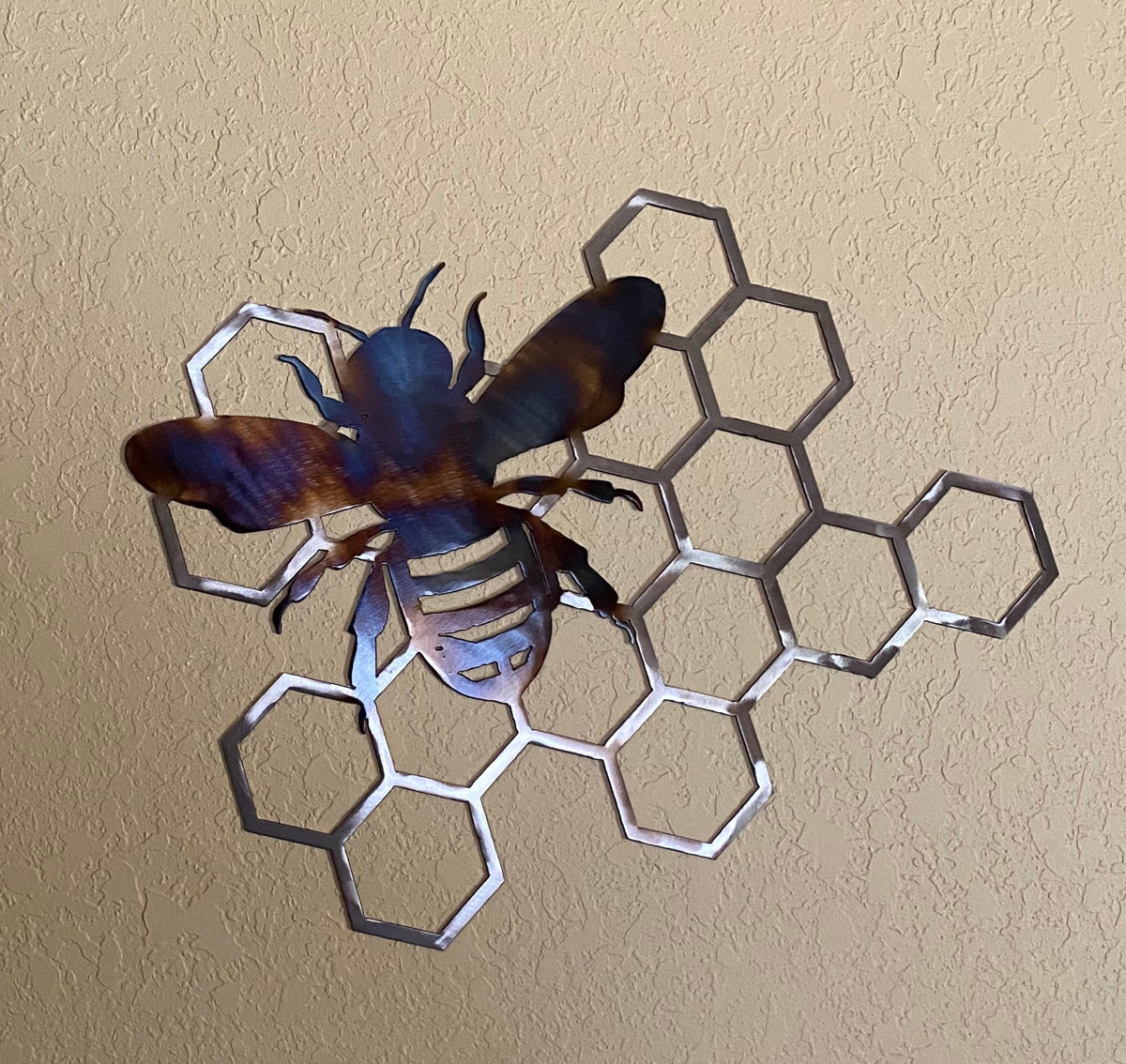 Metal Bee on Honeycomb: Heat-Treated Garden Decor
