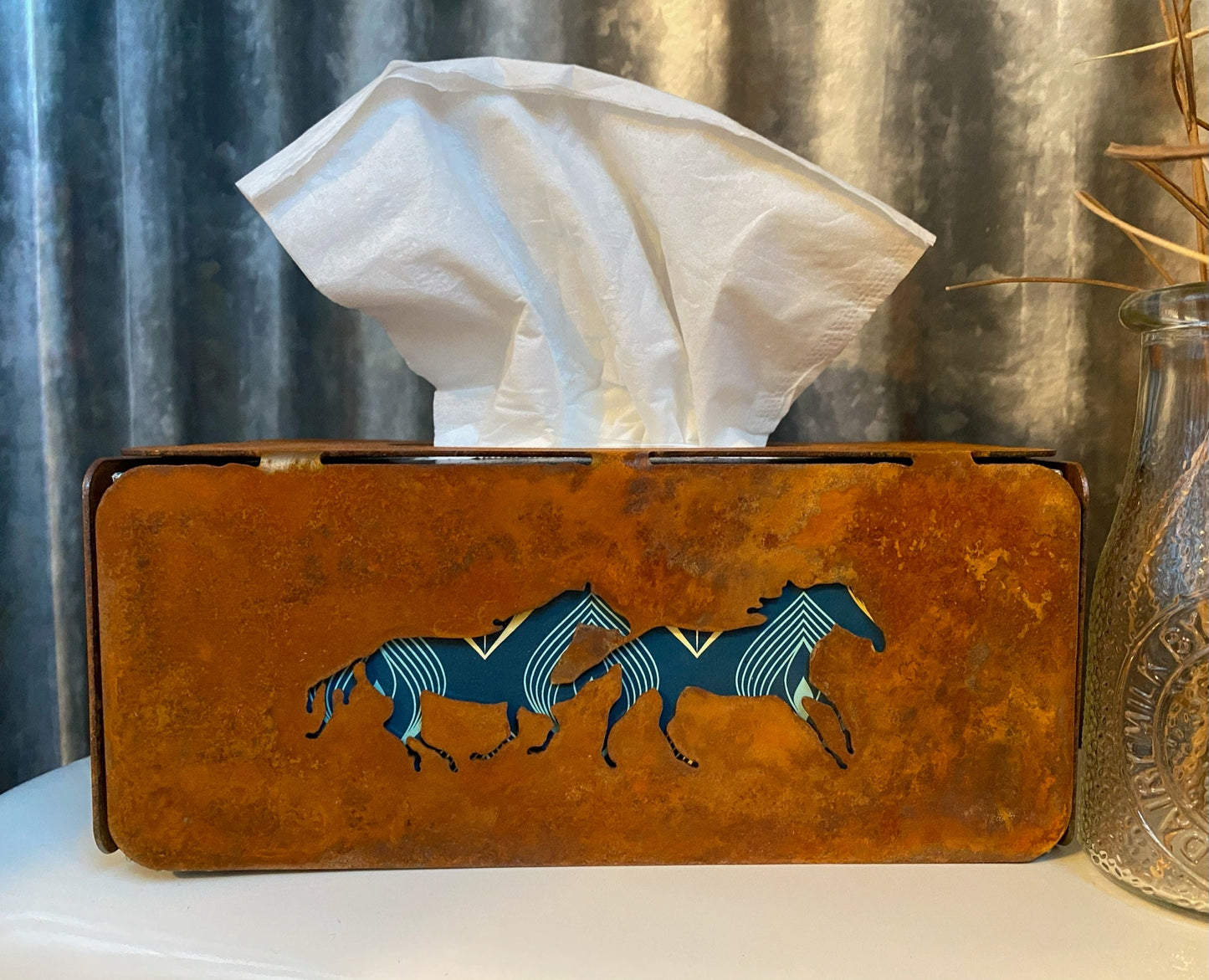 Rustic Steel Tissue Box Cover: Horse, Mountain, or Succulent Design