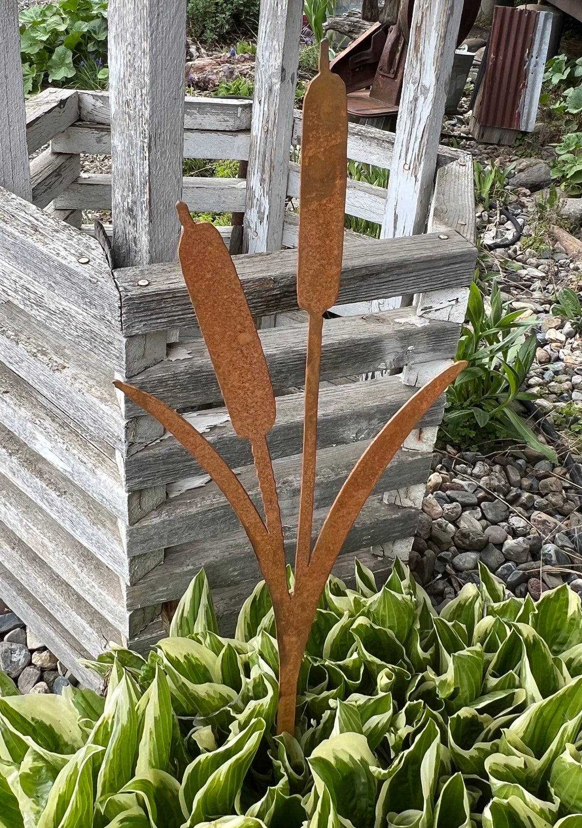 Rusty Metal Cattail Garden Stakes: Natural Rust Finish