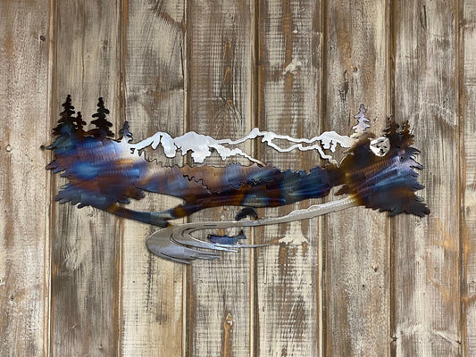 Heat-Treated Metal Mountain Scene Wall Art: Cabin Lodge Decor