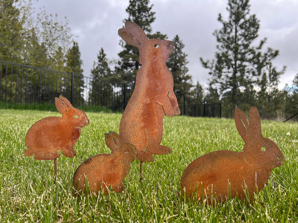 Rusty Bunny Garden Stakes - Set of 4 - Metal Rabbit Decor