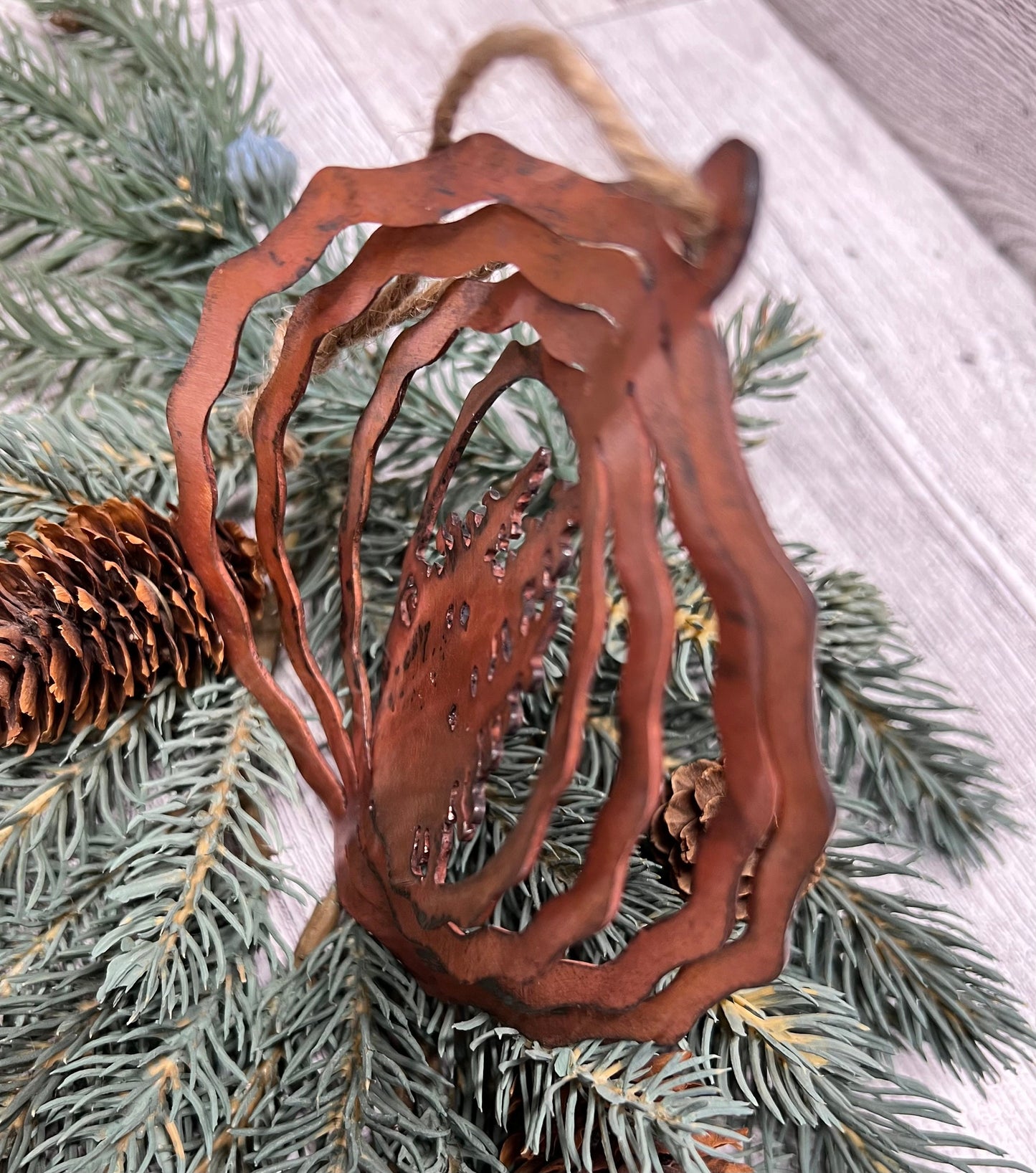 Rustic Copper Patina Metal Tree Ornament: Cabin Decor
