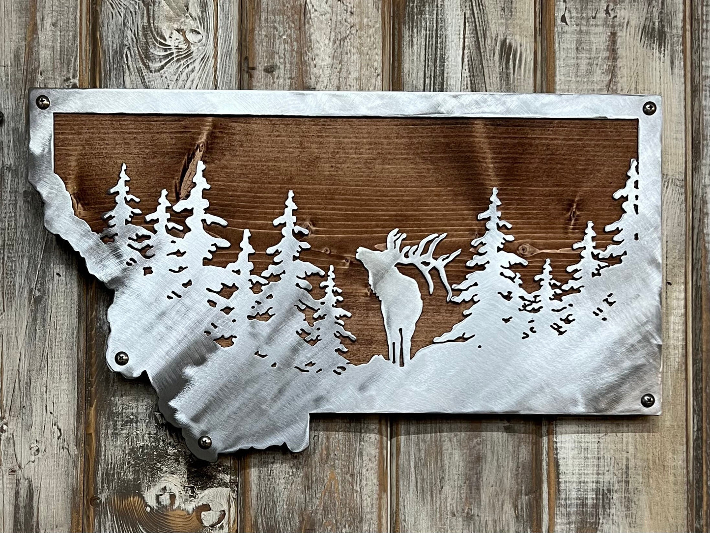 Custom State Metal Art: Elk & Trees, Wildlife Decor