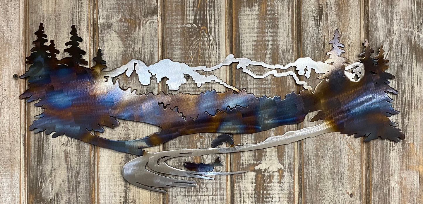 Heat-Treated Metal Mountain Scene Wall Art: Cabin Lodge Decor